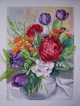 Ranunkel und andere Blumen in einer Glasvase, gemalt mit Aquarell