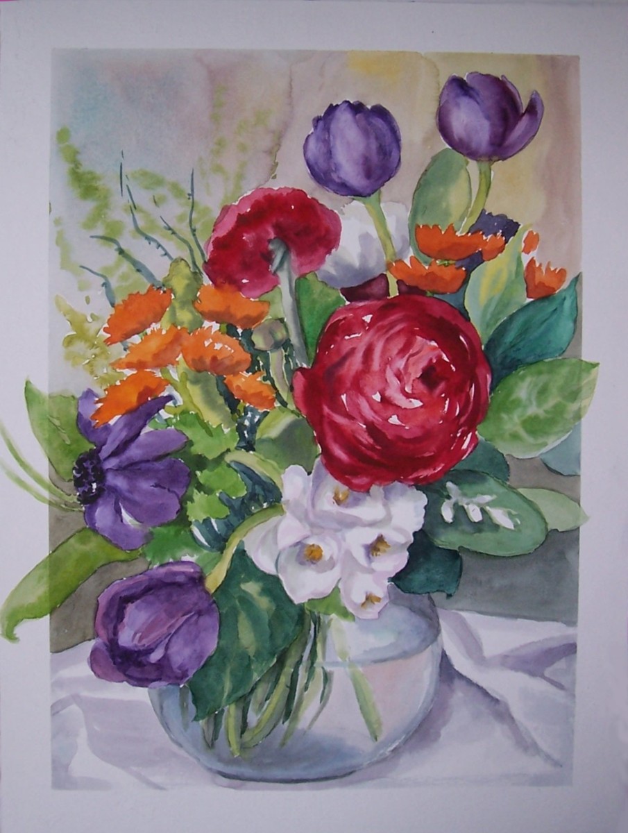 Ranunkel und andere Blumen in einer Glasvase, gemalt mit Aquarellfarben