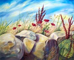 Im Vordergrund große Steine, dazwischen Blumen und Gräser, gemalt in Öl im Jahr 2006