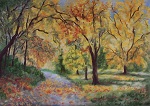 Weg mit Bäumen rechts und links mit Herbstlaub, gemalt in Öl im Jahr 2005