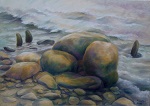 Steine und alte Buhnen am Strand der Insel Rügen, gemalt in Öl im Jahr 2010