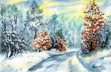 Weg in einer frühwinterlichen Heidelandschaft, Bäume teilweise noch mit Herbstlaub, gemalt mit Aquarellfarben im Jahr 2013