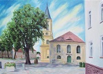 Blick vom Rathauseingang auf die Stadtkirche Zossen, gemalt in Öl im Jahr 2011
