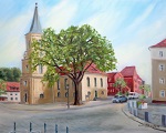 Blick vom Markt-Café auf die Stadtkirche Zossen, gemalt in Öl im Jahr 2012
