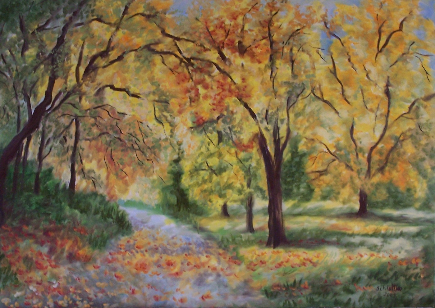 Weg mit Bäumen rechts und links im Herbstlaub, gemalt in Öl im Jahr 2005