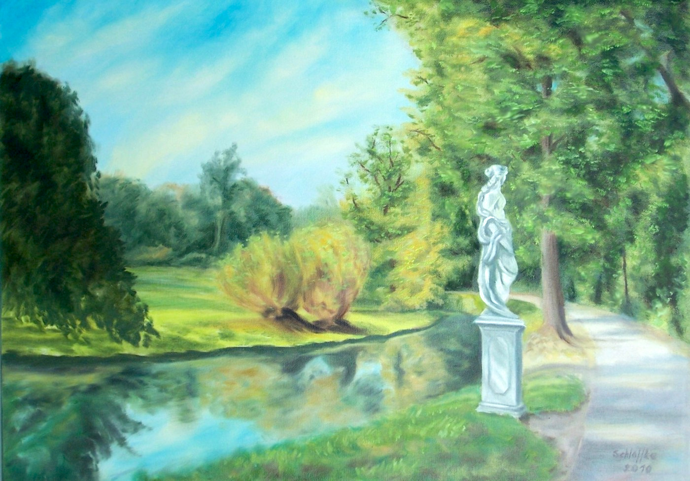 Ein Englischer Garten, von vorne links nach rechts fließt ein Bach, ein Weg begleitet ihn rechtsseitig, zwischen Bach und Weg steht eine weibliche Figur aus Marmor auf einem Sockel, gemalt in Oel im Jahr 2010