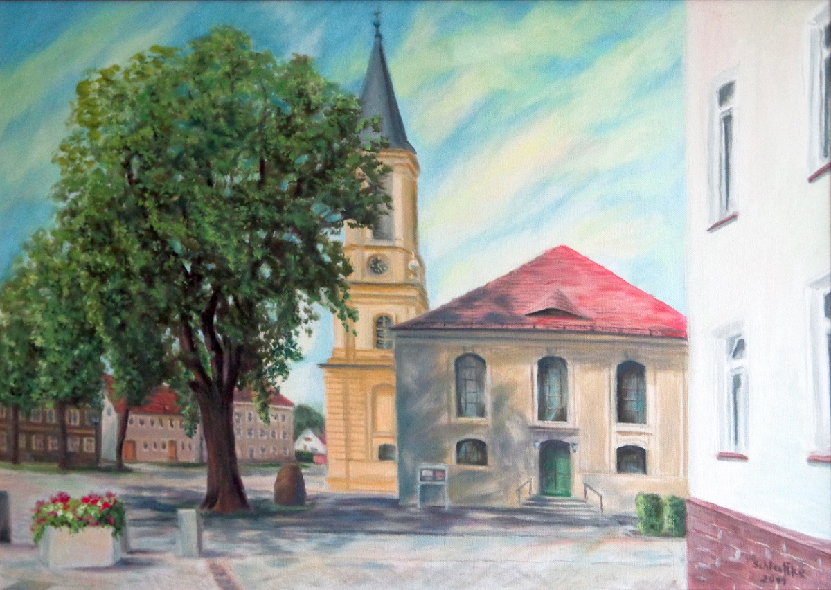 Blick vom Rathauseingang auf die Stadtkirche Zossen, gemalt in Öl im Jahr 2011