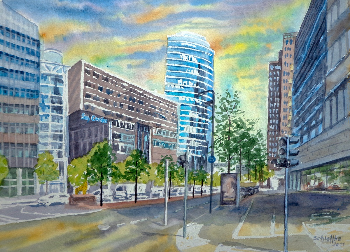 Berlin, Potsdamer Platz, Blick auf Sony-Center und Zentrale der Deutschen Bahn, gemalt mit Aquarellfarben im Jahr 2013