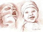 Doppelporträt eines Babies nach der Geburt und im Alter von etwa 6 Monaten, gezeichnet mit Rötelstift im Jahr 2012
