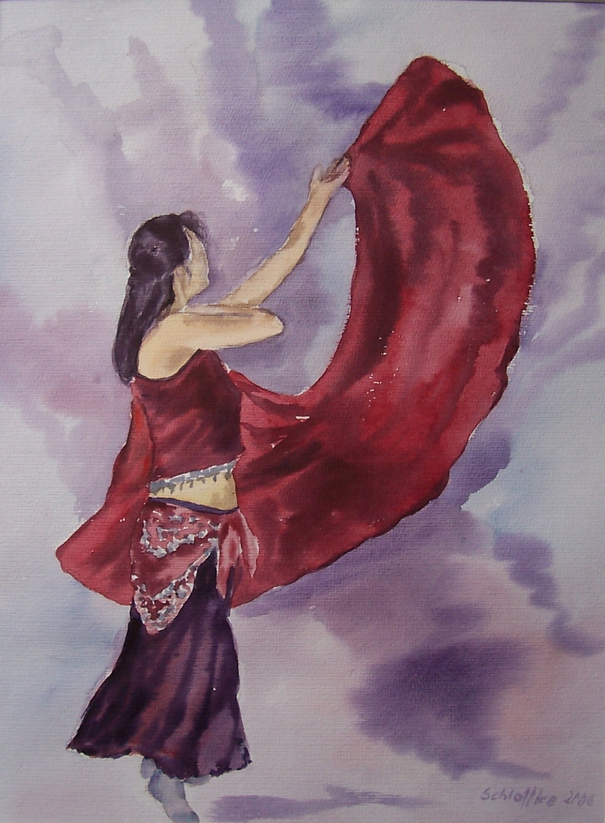Orientalische Tänzerin mit rotem Schleier in Bewegung seitlich gesehen, gemalt mit Aquarellfarben im Jahr 2006
