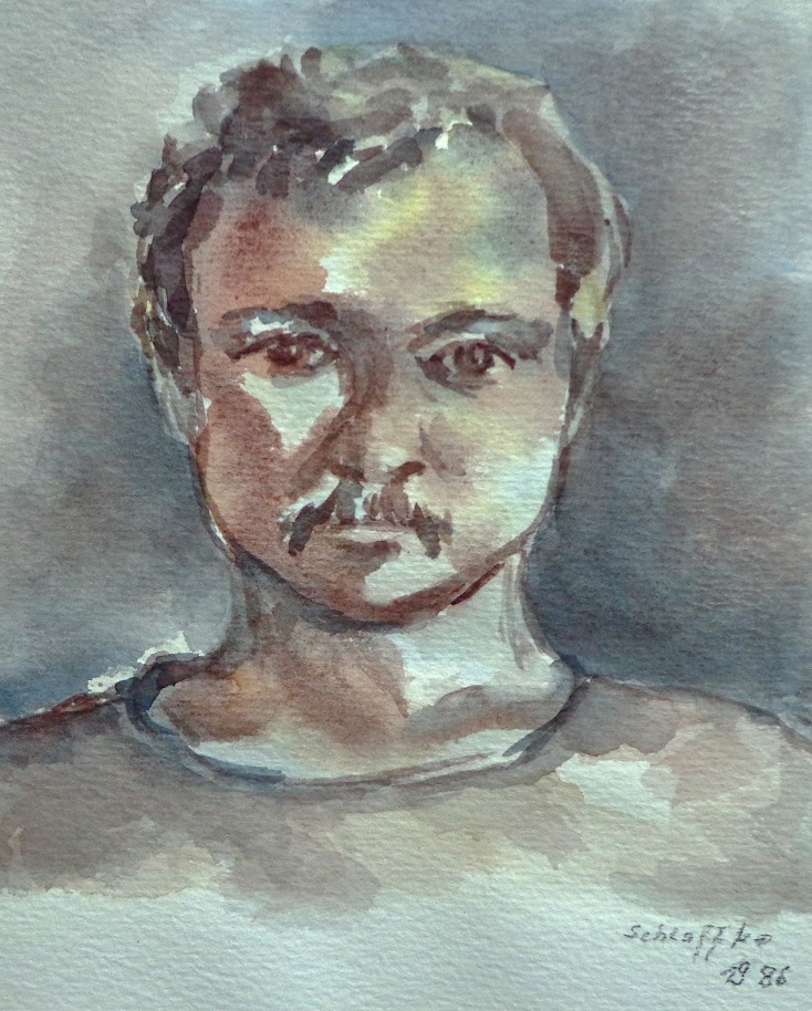 Porträt eines jungen Manns, gemalt in Aquarell im Jahr 1986