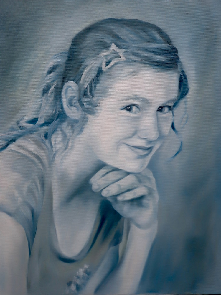 Porträt eines Mädchens mit aufgestütztem Kinn, gemalt in Öl im Jahr 2013