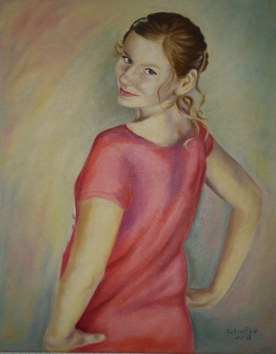 Mädchen in rotem Kleid von hinten, Kopf nach vorn gedreht, Hände in die Hüften gestemmt, gemalt in Öl im Jahr 2013