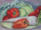 Rote Paprika, ein Rettich und eine Kohlrabiknolle auf einem Teller, gemalt mit Aquarellfarbe auf Papier im Jahr 2004