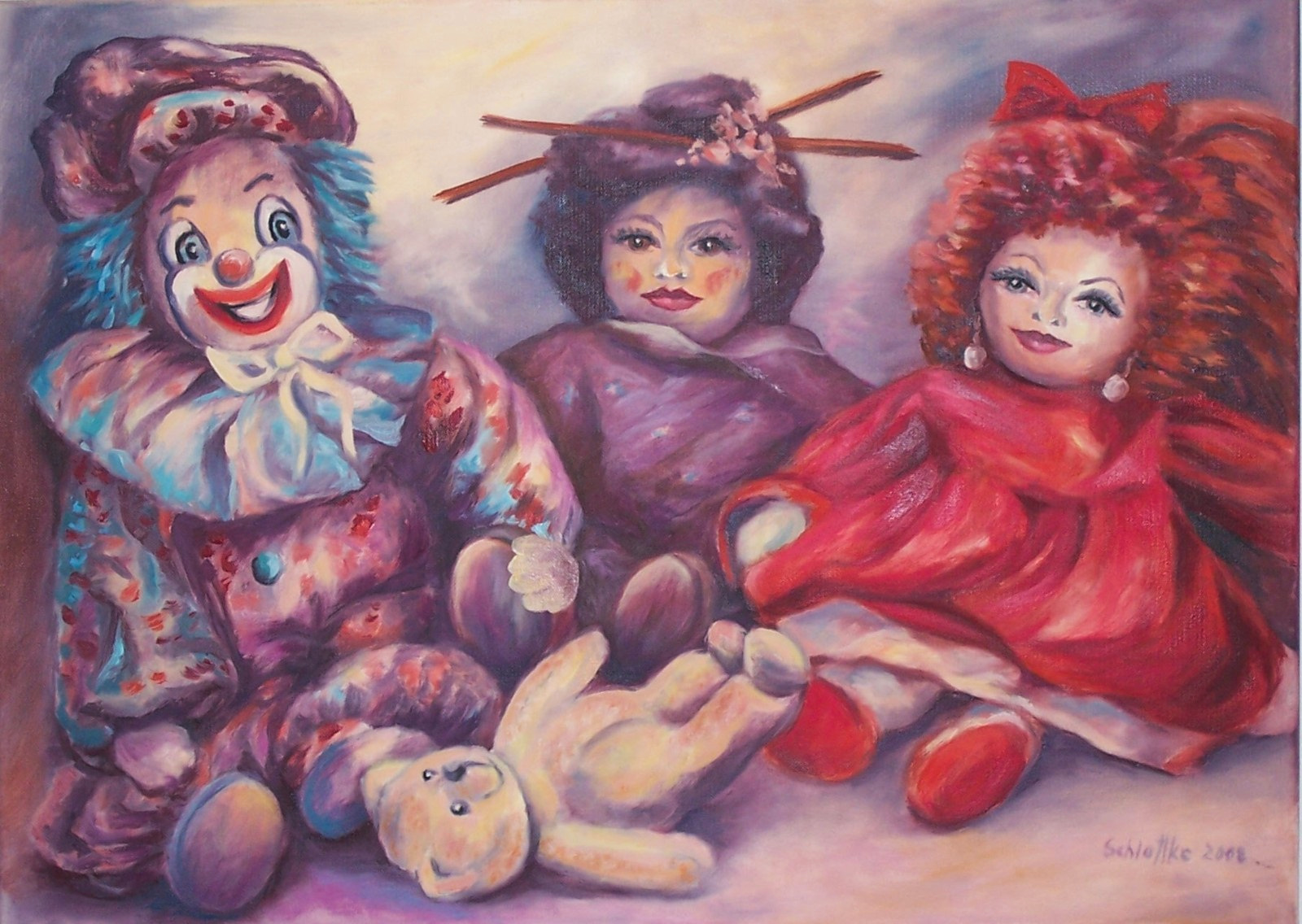 Drei Puppen -ein Clown, eine Japanerin und eine Rothaarige- sitzen zusammen, vor Ihnen liegt ein Teddy, gemalt in Oel im Jahr 2008
