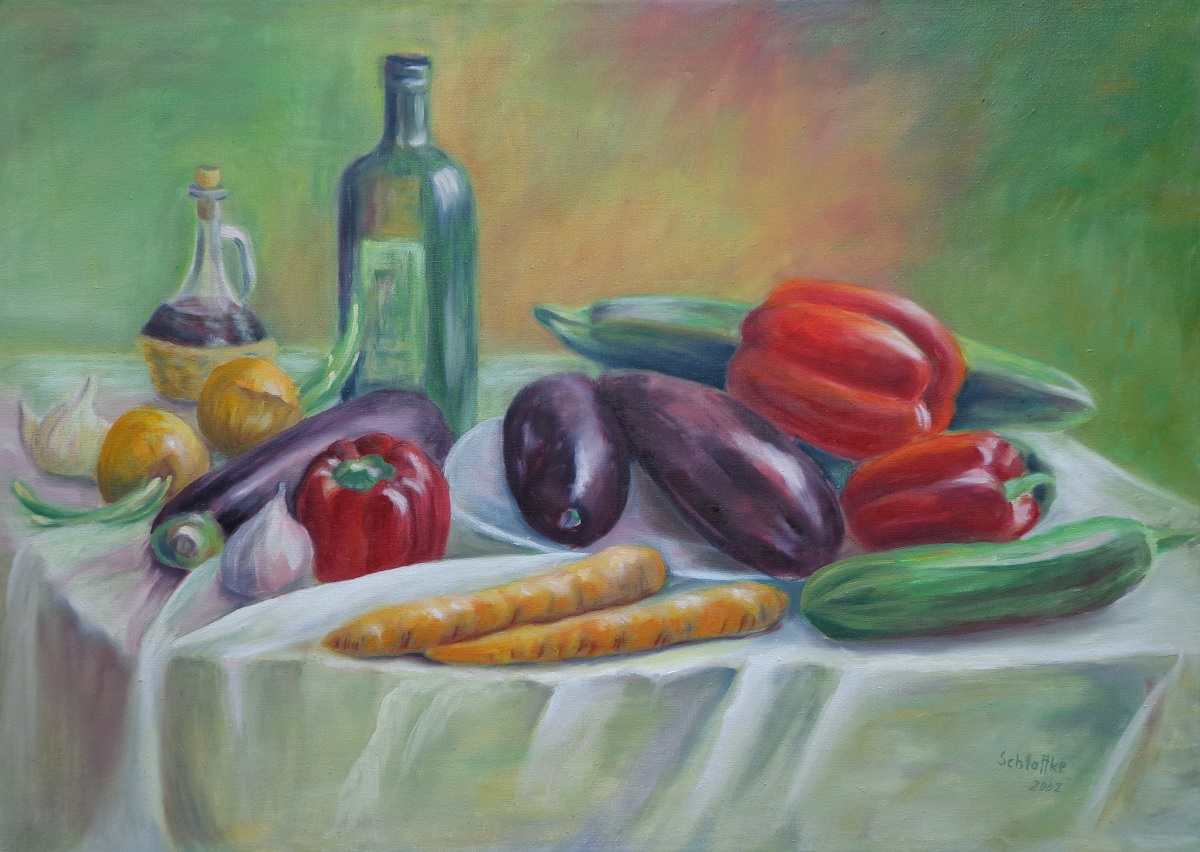 Zwei Flaschen und diverse Gemüse auf einem Tisch, gemalt in Oel im Jahr 2002