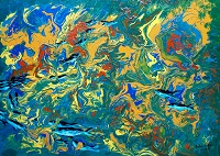 abstraktes Bild, Blau und Gelb ineinander gemalt, dazwischen blaue Fische, gemalt mit Acrylfarben im Jahr 2016