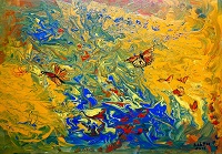 abstraktes Bild, vorwiegend Gelb, dann Blau, Orange und Grün hineingemalt, viele rote Schmetterlinge diagonal angeordnet, gemalt mit Acrylfarben im Jahr 2016