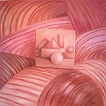 abstraktes Bild, geometrische Körper in geschwungener Umgebung, dominierende Farbe ist ziegelrot, gemalt in Oel im Jahr 2010