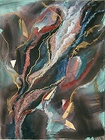 abstraktes Bild, Braun, Rot- und Blautöne von links unten nach rechts oben strebend, von Gold durchzogen, gemalt mit Aquarell-, Acryl- und Ölfarbe