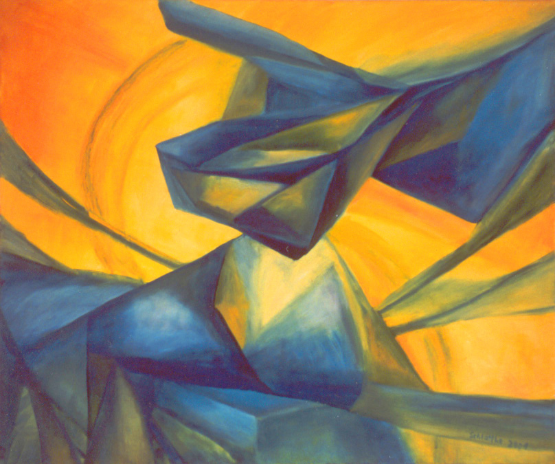 abstraktes Bild in gelb und blau, gemalt mit Ölfarben im Jahr 2001